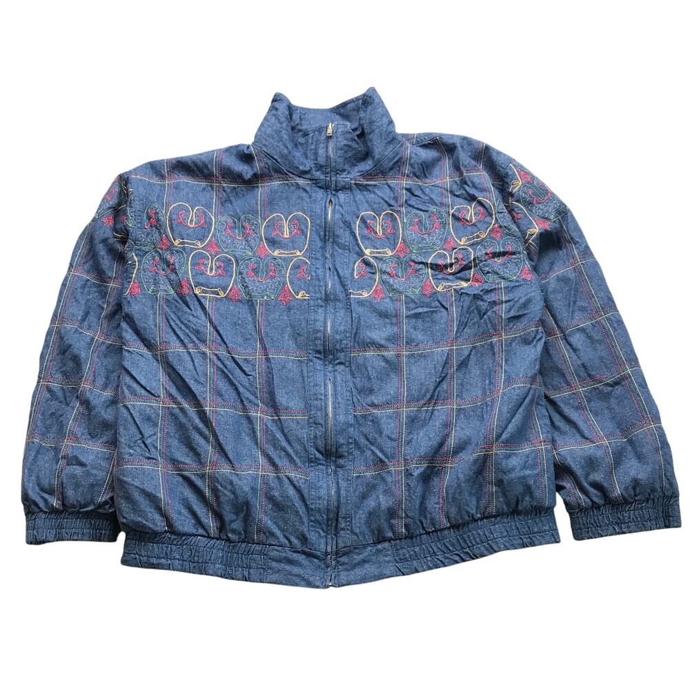 Vintage Great Cavalier By St. Paul Silk Denim Lined Jacket Womens XL Graph Blue